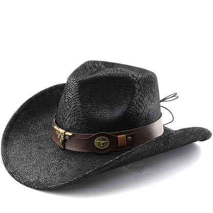 Travel Vibe Snake-Print Cowboy Hat, Outdoor Sunshade Bullhead-Embellished Wide-Brim Fedora