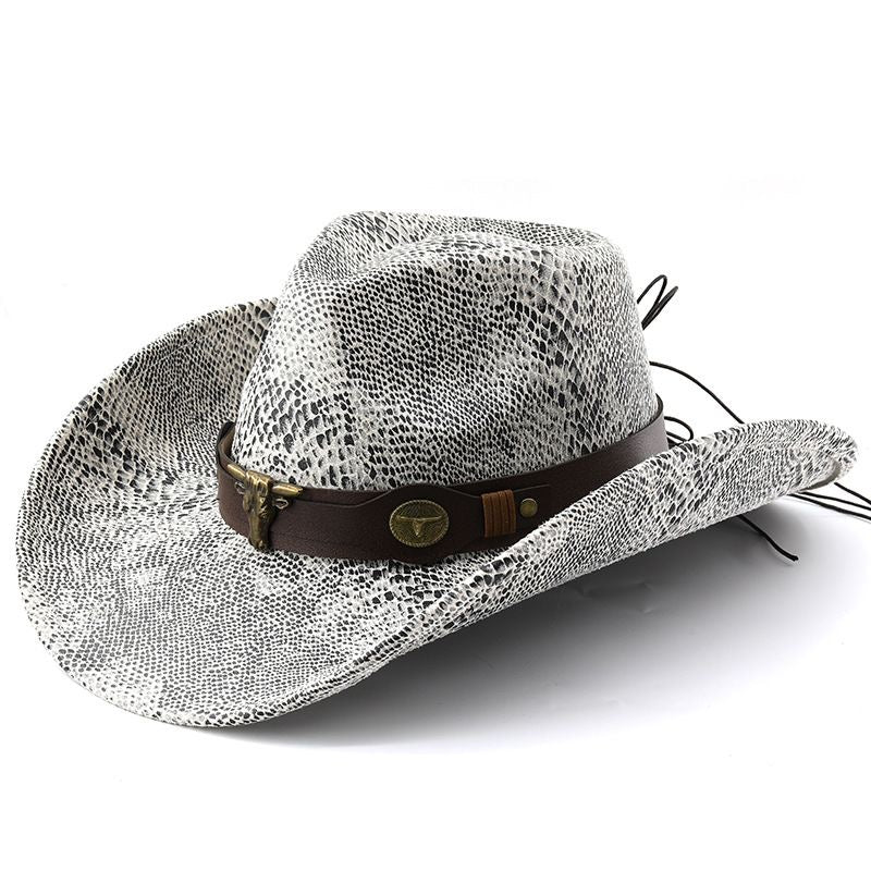 Travel Vibe Snake-Print Cowboy Hat, Outdoor Sunshade Bullhead-Embellished Wide-Brim Fedora