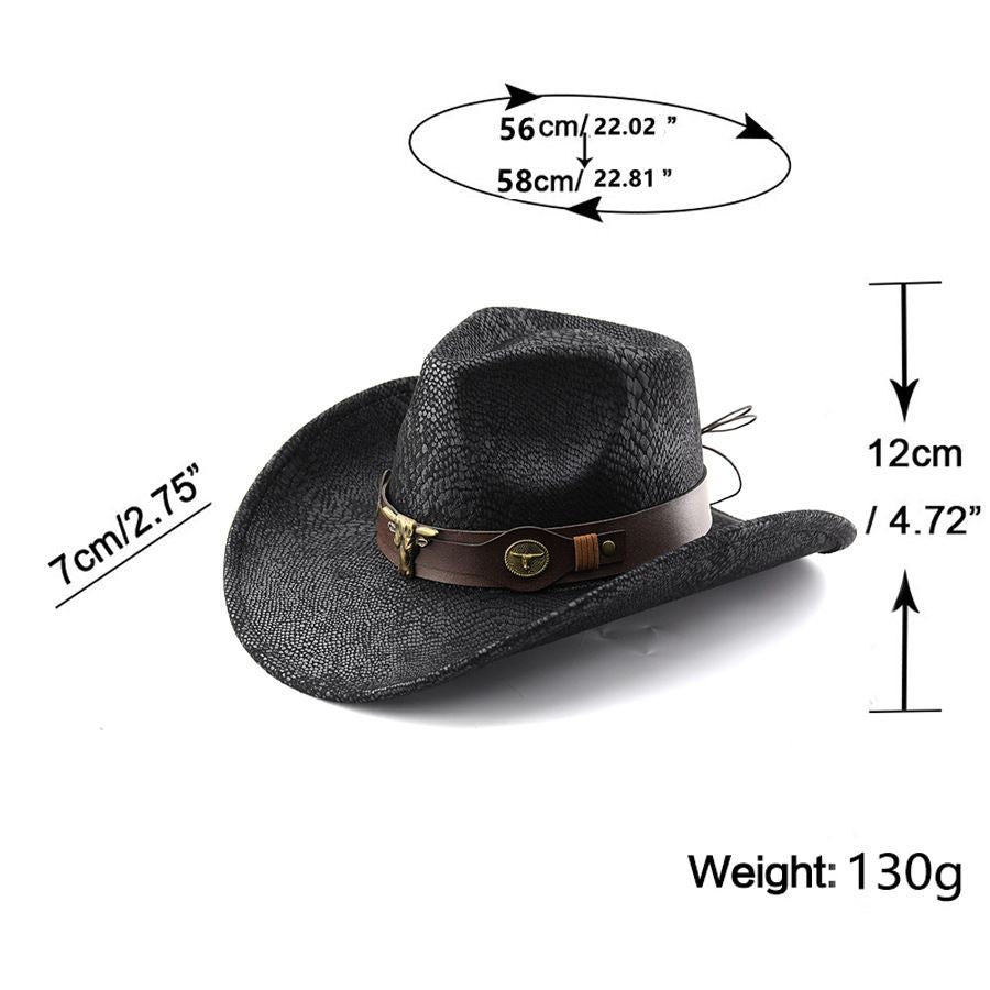 Travel Vibe Snake-Print Cowboy Hat, Outdoor Sunshade Bullhead-Embellished Wide-Brim Fedora
