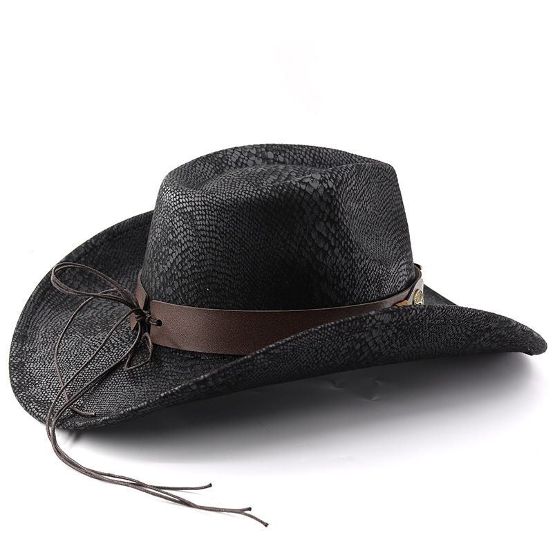 Travel Vibe Snake-Print Cowboy Hat, Outdoor Sunshade Bullhead-Embellished Wide-Brim Fedora