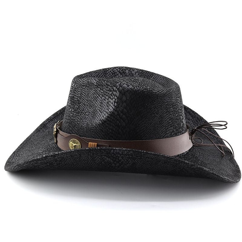 Travel Vibe Snake-Print Cowboy Hat, Outdoor Sunshade Bullhead-Embellished Wide-Brim Fedora