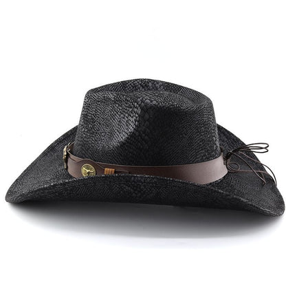 Travel Vibe Snake-Print Cowboy Hat, Outdoor Sunshade Bullhead-Embellished Wide-Brim Fedora