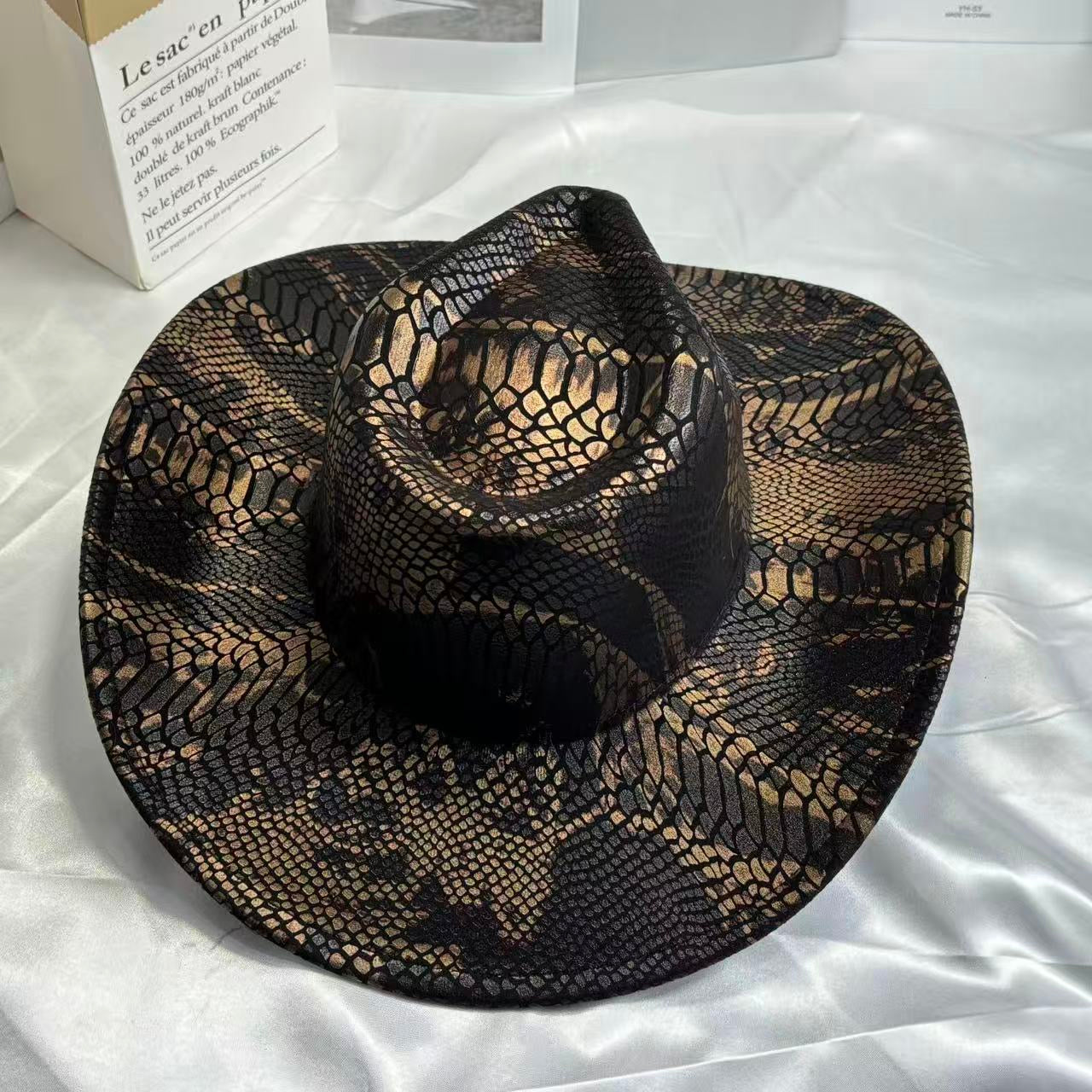 Retro Snake-Print Cowboy Hat, Stylish Wide-Brim Sunshade Fedora, Outdoor Travel Western-Style Vibe Hat