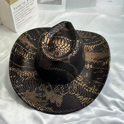 Retro Snake-Print Cowboy Hat, Stylish Wide-Brim Sunshade Fedora, Outdoor Travel Western-Style Vibe Hat