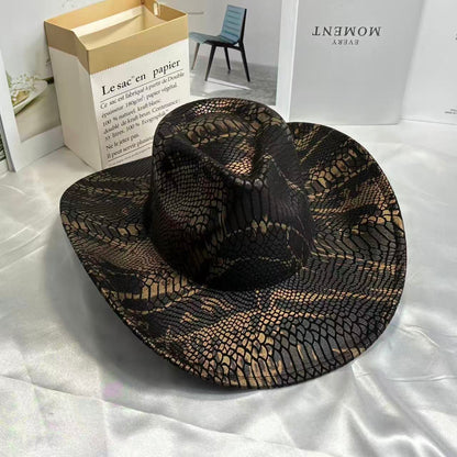Retro Snake-Print Cowboy Hat, Stylish Wide-Brim Sunshade Fedora, Outdoor Travel Western-Style Vibe Hat