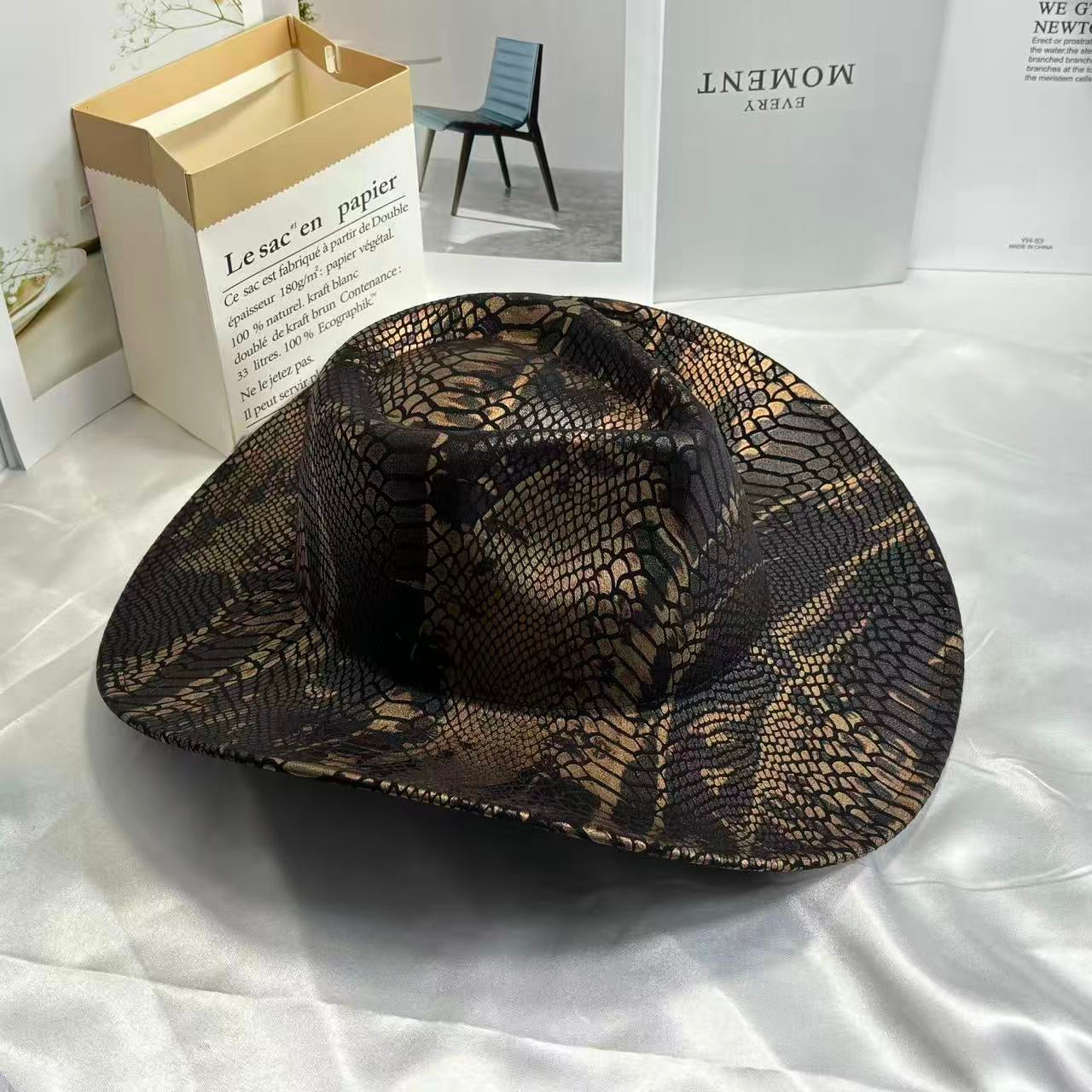 Retro Snake-Print Cowboy Hat, Stylish Wide-Brim Sunshade Fedora, Outdoor Travel Western-Style Vibe Hat