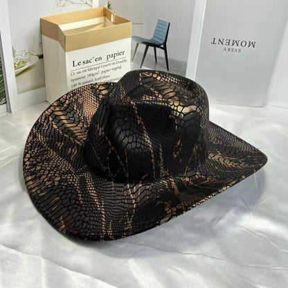 Retro Snake-Print Cowboy Hat, Stylish Wide-Brim Sunshade Fedora, Outdoor Travel Western-Style Vibe Hat