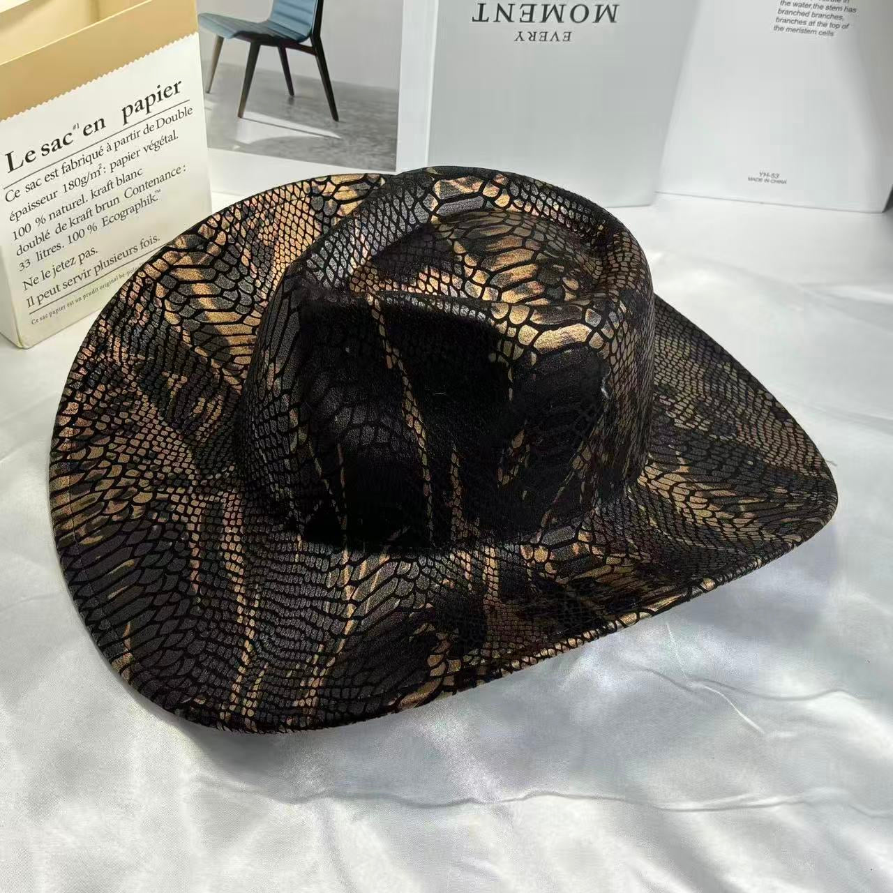 Retro Snake-Print Cowboy Hat, Stylish Wide-Brim Sunshade Fedora, Outdoor Travel Western-Style Vibe Hat