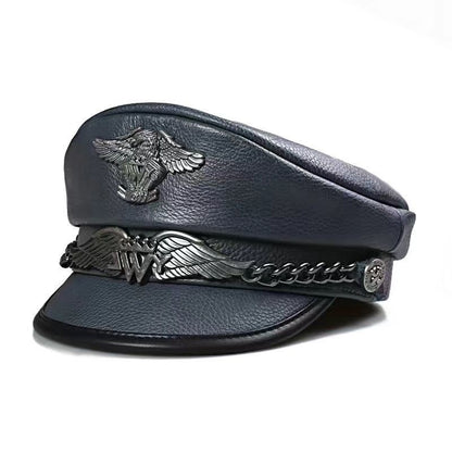 Punk-Style Chain & Metal Badge Leather Naval Cap, Retro Biker Newsboy Hat, Unisex Beret