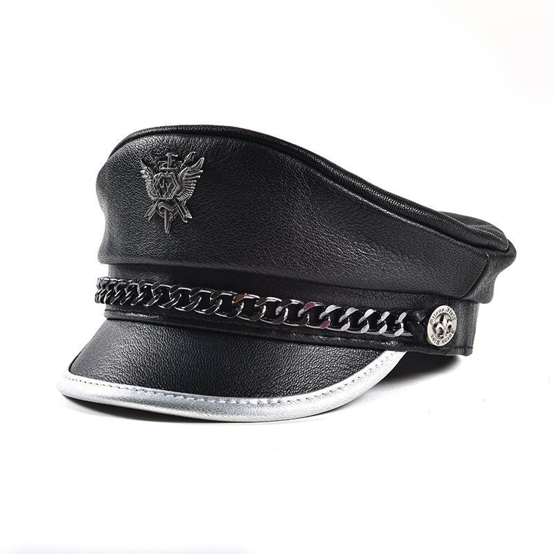 Punk-Style Chain & Metal Badge Leather Naval Cap, Retro Biker Newsboy Hat, Unisex Beret