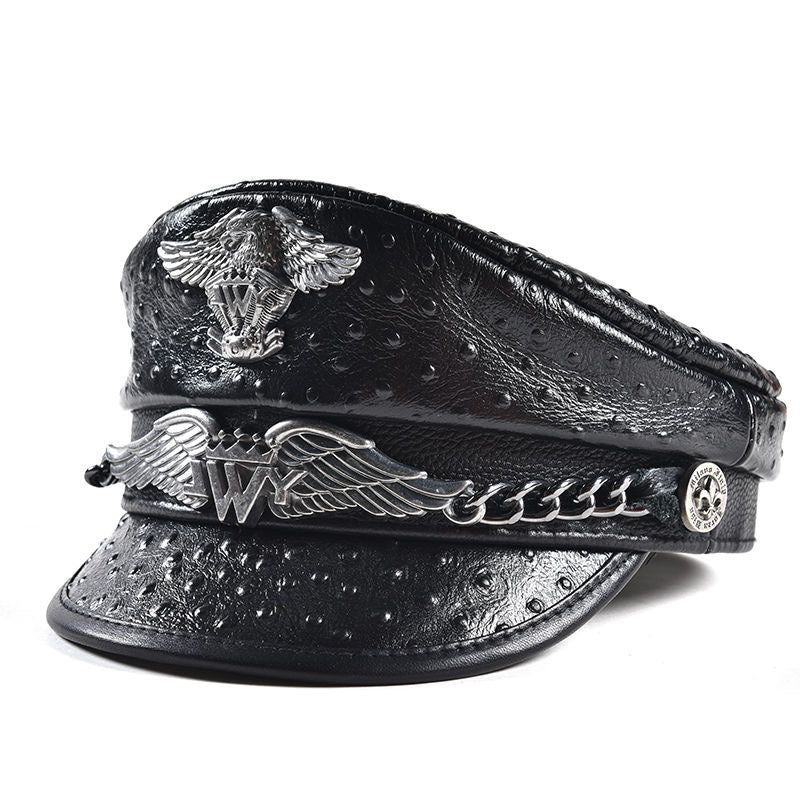 Punk-Style Chain & Metal Badge Leather Naval Cap, Retro Biker Newsboy Hat, Unisex Beret