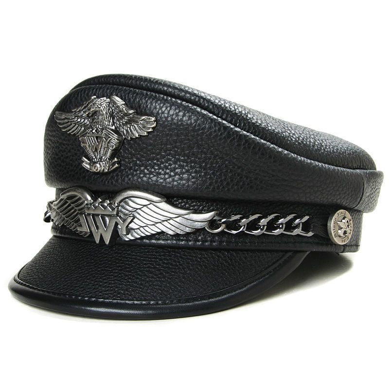 Punk-Style Chain & Metal Badge Leather Naval Cap, Retro Biker Newsboy Hat, Unisex Beret