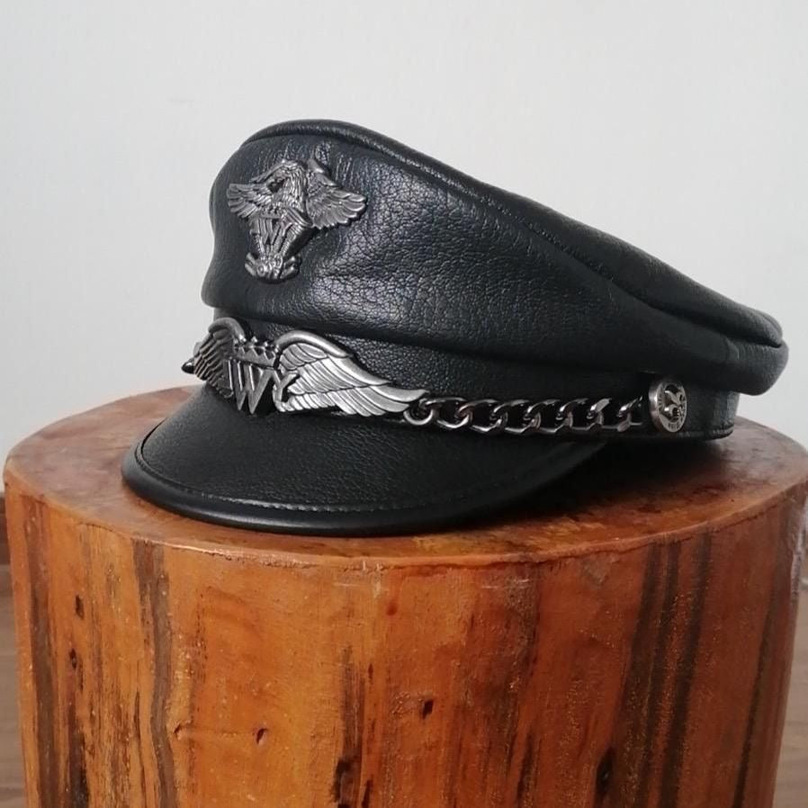 Punk-Style Chain & Metal Badge Leather Naval Cap, Retro Biker Newsboy Hat, Unisex Beret