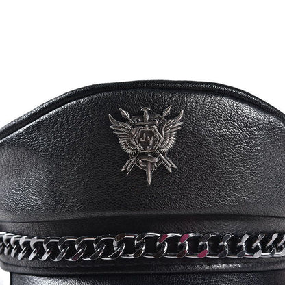 Punk-Style Chain & Metal Badge Leather Naval Cap, Retro Biker Newsboy Hat, Unisex Beret