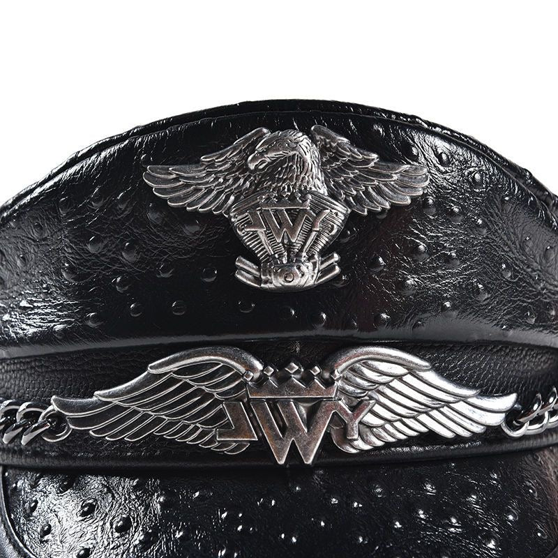 Punk-Style Chain & Metal Badge Leather Naval Cap, Retro Biker Newsboy Hat, Unisex Beret