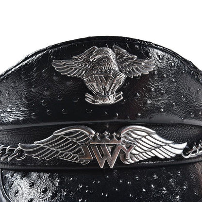Punk-Style Chain & Metal Badge Leather Naval Cap, Retro Biker Newsboy Hat, Unisex Beret