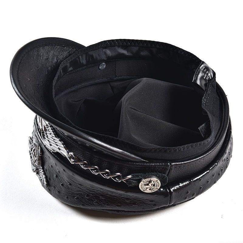 Punk-Style Chain & Metal Badge Leather Naval Cap, Retro Biker Newsboy Hat, Unisex Beret