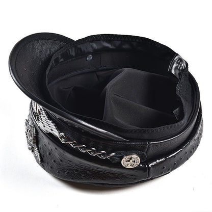 Punk-Style Chain & Metal Badge Leather Naval Cap, Retro Biker Newsboy Hat, Unisex Beret
