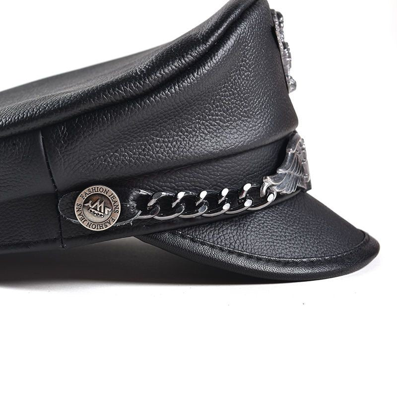 Punk-Style Chain & Metal Badge Leather Naval Cap, Retro Biker Newsboy Hat, Unisex Beret