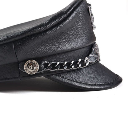 Punk-Style Chain & Metal Badge Leather Naval Cap, Retro Biker Newsboy Hat, Unisex Beret