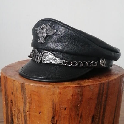 Punk-Style Chain & Metal Badge Leather Naval Cap, Retro Biker Newsboy Hat, Unisex Beret