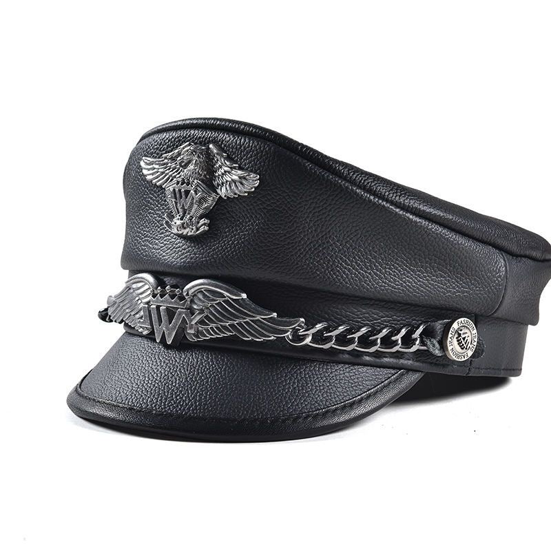Punk-Style Chain & Metal Badge Leather Naval Cap, Retro Biker Newsboy Hat, Unisex Beret