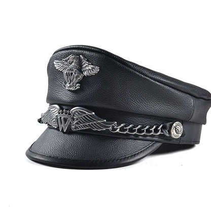 Punk-Style Chain & Metal Badge Leather Naval Cap, Retro Biker Newsboy Hat, Unisex Beret