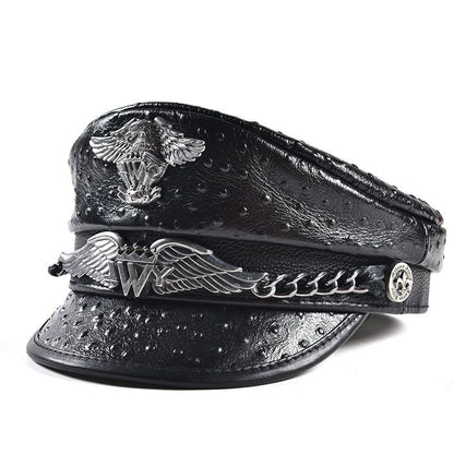 Punk-Style Chain & Metal Badge Leather Naval Cap, Retro Biker Newsboy Hat, Unisex Beret