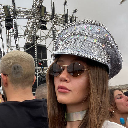 Stage-Style Sequin Spiked Rhinestone Naval Cap, Statement Party Performance Hat, Glam Punk Flat-Top Cap