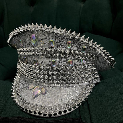 Stage-Style Sequin Spiked Rhinestone Naval Cap, Statement Party Performance Hat, Glam Punk Flat-Top Cap