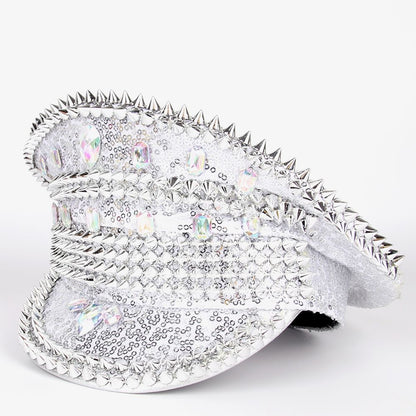 Stage-Style Sequin Spiked Rhinestone Naval Cap, Statement Party Performance Hat, Glam Punk Flat-Top Cap