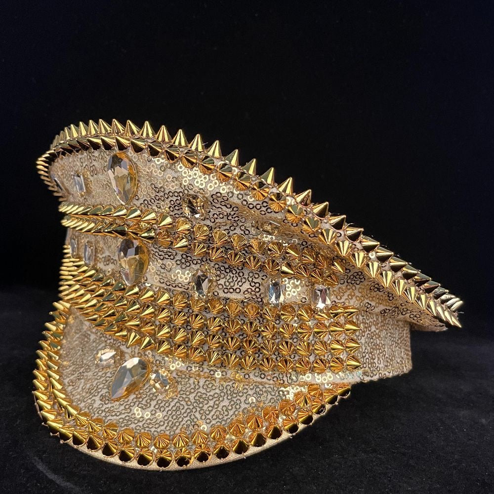 Stage-Style Sequin Spiked Rhinestone Naval Cap, Statement Party Performance Hat, Glam Punk Flat-Top Cap