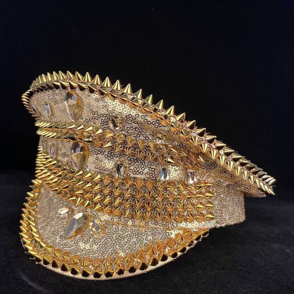 Stage-Style Sequin Spiked Rhinestone Naval Cap, Statement Party Performance Hat, Glam Punk Flat-Top Cap