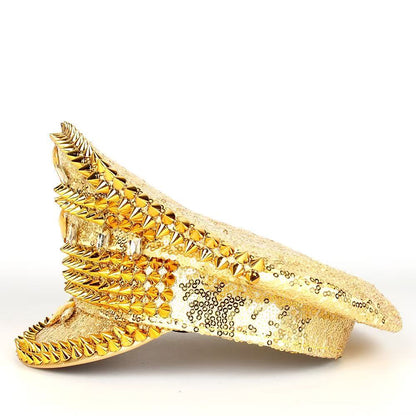 Stage-Style Sequin Spiked Rhinestone Naval Cap, Statement Party Performance Hat, Glam Punk Flat-Top Cap