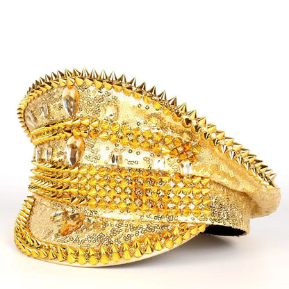 Stage-Style Sequin Spiked Rhinestone Naval Cap, Statement Party Performance Hat, Glam Punk Flat-Top Cap