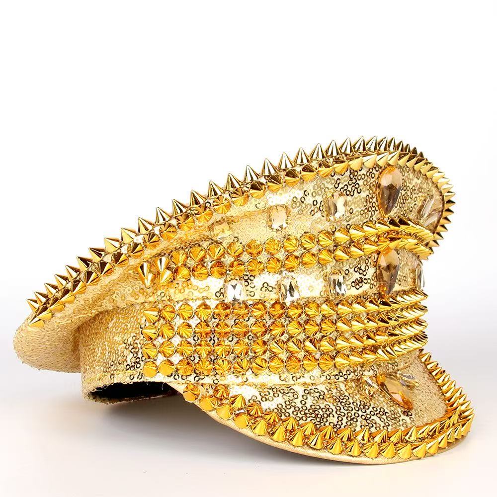 Stage-Style Sequin Spiked Rhinestone Naval Cap, Statement Party Performance Hat, Glam Punk Flat-Top Cap