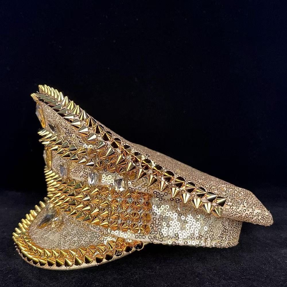 Stage-Style Sequin Spiked Rhinestone Naval Cap, Statement Party Performance Hat, Glam Punk Flat-Top Cap
