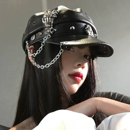 Dark Punk-Style Skull & Chain Naval Cap, Edgy Studded Faux Leather Newsboy Hat, Streetwear Cool Unisex Beret