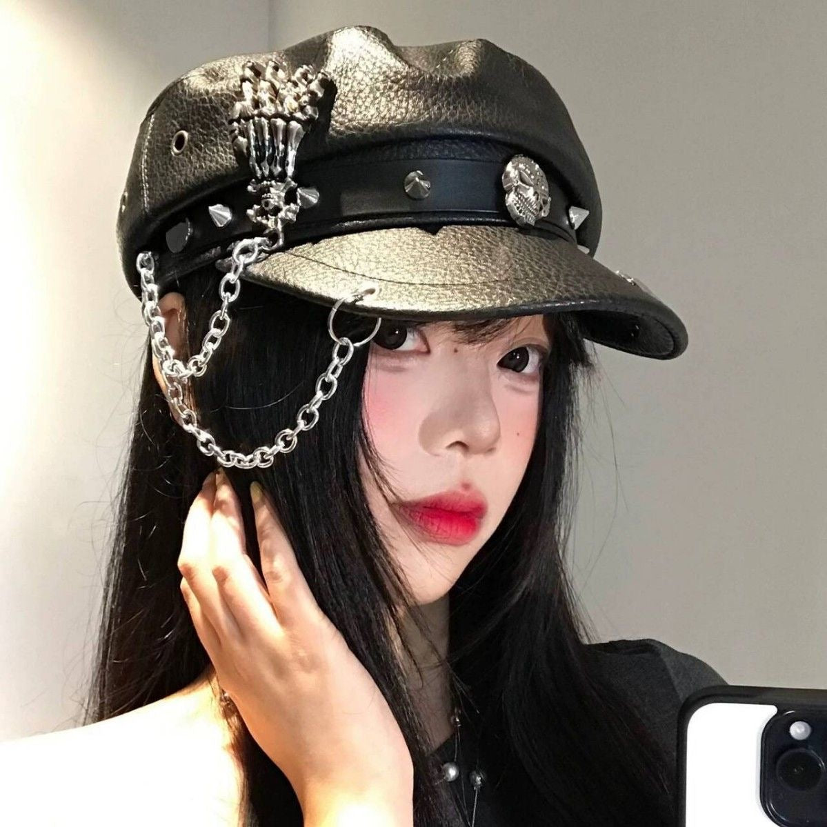 Dark Punk-Style Skull & Chain Naval Cap, Edgy Studded Faux Leather Newsboy Hat, Streetwear Cool Unisex Beret