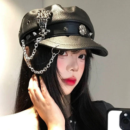 Dark Punk-Style Skull & Chain Naval Cap, Edgy Studded Faux Leather Newsboy Hat, Streetwear Cool Unisex Beret
