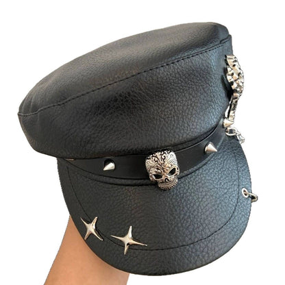 Dark Punk-Style Skull & Chain Naval Cap, Edgy Studded Faux Leather Newsboy Hat, Streetwear Cool Unisex Beret
