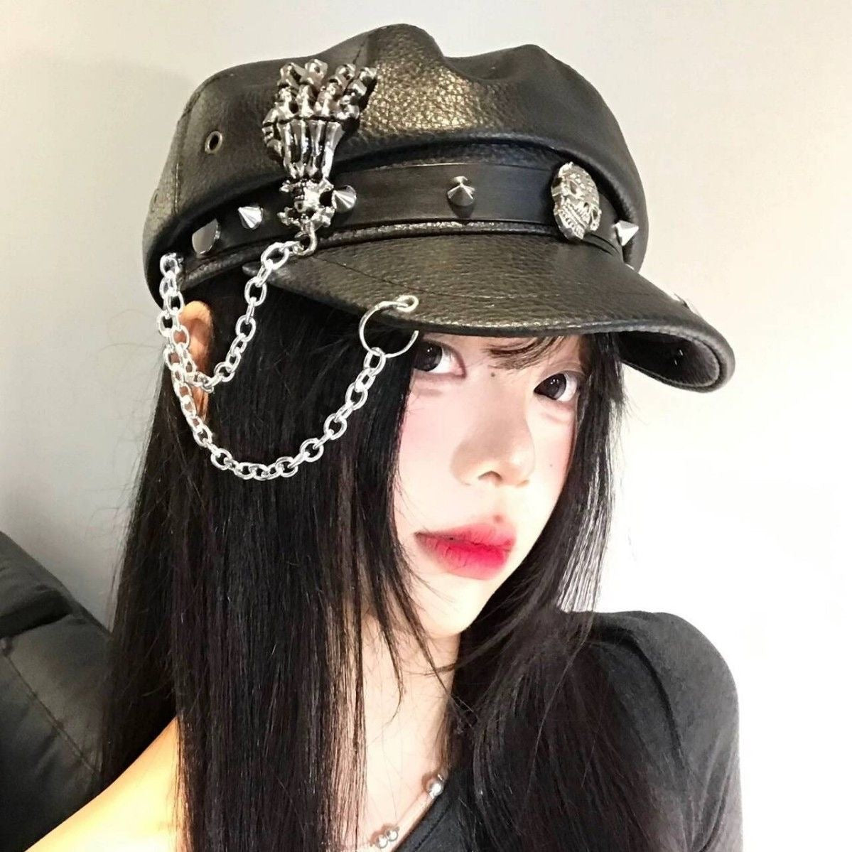 Dark Punk-Style Skull & Chain Naval Cap, Edgy Studded Faux Leather Newsboy Hat, Streetwear Cool Unisex Beret