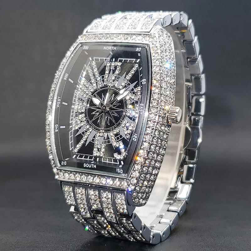 Business Luxury Full Diamond Men's Watch, Tonneau Compass Diamond-Encrusted Steel Band Waterproof Wristwatch