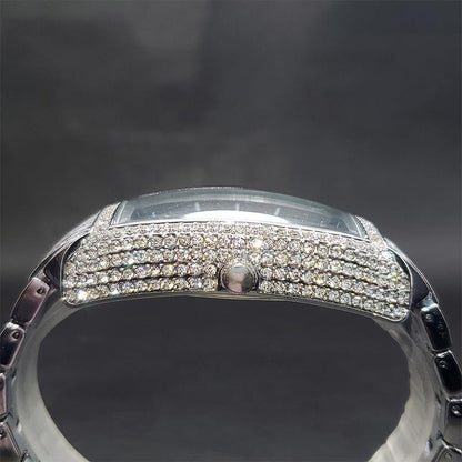 Business Luxury Full Diamond Men's Watch, Tonneau Compass Diamond-Encrusted Steel Band Waterproof Wristwatch