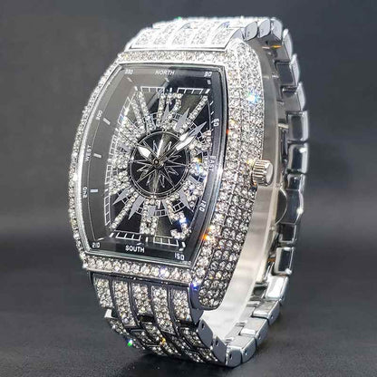 Business Luxury Full Diamond Men's Watch, Tonneau Compass Diamond-Encrusted Steel Band Waterproof Wristwatch