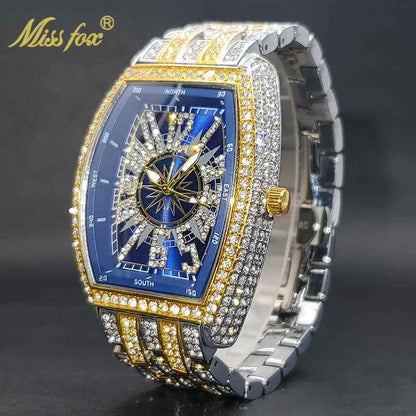 Business Luxury Full Diamond Men's Watch, Tonneau Compass Diamond-Encrusted Steel Band Waterproof Wristwatch