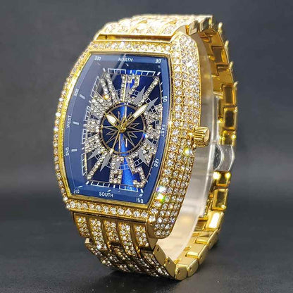 Business Luxury Full Diamond Men's Watch, Tonneau Compass Diamond-Encrusted Steel Band Waterproof Wristwatch