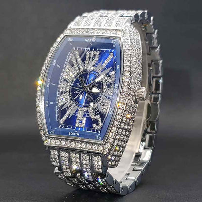 Business Luxury Full Diamond Men's Watch, Tonneau Compass Diamond-Encrusted Steel Band Waterproof Wristwatch