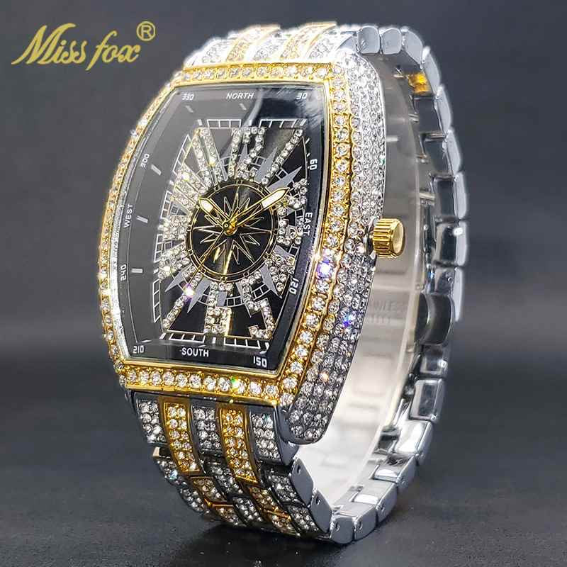 Business Luxury Full Diamond Men's Watch, Tonneau Compass Diamond-Encrusted Steel Band Waterproof Wristwatch