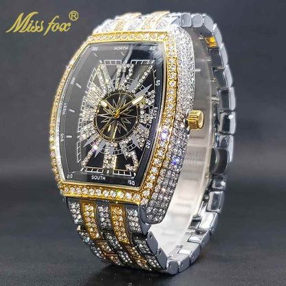 Business Luxury Full Diamond Men's Watch, Tonneau Compass Diamond-Encrusted Steel Band Waterproof Wristwatch